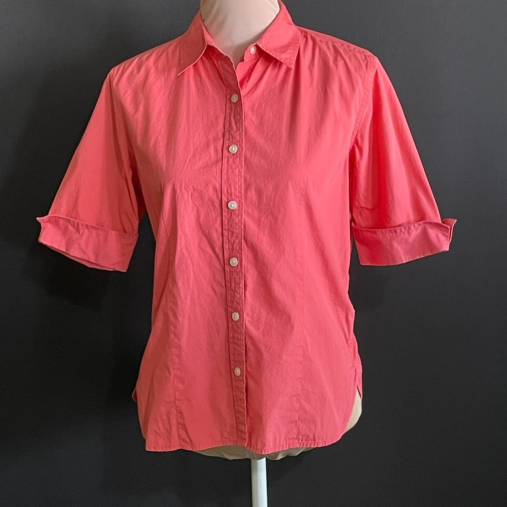 Talbots Button Down Shirt Womens 8 Coral Pink Good Cuffed Short Sleeve Cotton